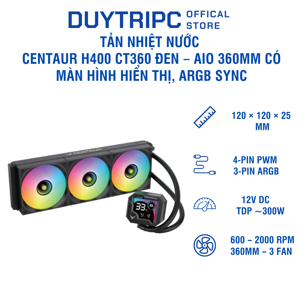 Tản nhiệt nước Centaur H400 CT360 Đen – AIO 360mm có màn hình hiển thị, ARGB Sync, hiệu năng cao